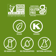 Mega Omega trail mix product icons for vegan, gluten free, non-GMO, and kosher