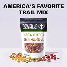 Mega Omega trail mix bag with front label and small image of nuts and fruit