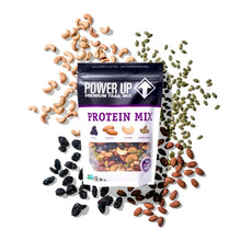 Power Up Protein Mix trail mix pouch with scattered trail mix ingredients
