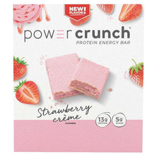 Strawberry creme protein energy bar wrapper with pink bar graphic and 13g protein