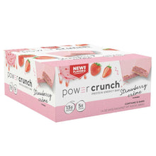 Strawberry creme protein energy bar carton with Pow Crunch branding and pink design