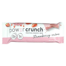 Strawberry creme protein energy bar in pink wrapper with Pow Crunch logo