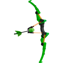 Green archery bow with black handle, orange string, and two circular sight pieces