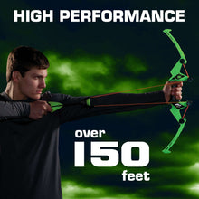 Green archery bow at full draw with arrow extended forward