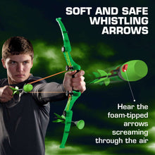 Green archery bow aimed forward with green arrows fanned in front