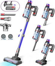 Purple cordless stick vacuum with motorized floor brush and extension wand attachments