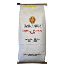Steelcut pinhead oats bag, front label with Prairie Mills branding and net weight 25 lbs