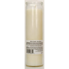 White wax prayer candle in clear glass holder with side label