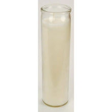 Prayer candle in clear glass with white wax, tall cylinder view