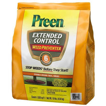 Preen Extended Control Weed Preventer bag, front label with 6-month guarantee badge