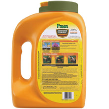 Back view of orange weed preventer bottle with green cap and printed directions.