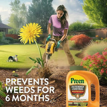 Orange weed preventer bottle with green cap in use near flowers and garden beds.