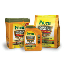Preen Extended Control Weed Preventer set with bag, bottle, and pail containers