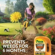 Preen Extended Control Weed Preventer bag near lawn spreading activity