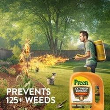 Preen Extended Control Weed Preventer bag in yard spreading scene