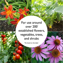 Weed preventer and plant food use graphic for established flowers, vegetables, trees, shrubs