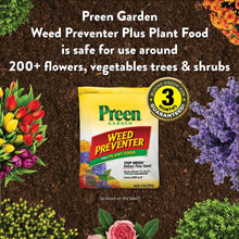 Preen Garden weed preventer plus plant food bag on garden soil with coverage text