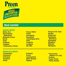 Preen Garden weed preventer plus plant food bag panel listing controlled grassy and broadleaf weeds