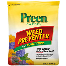 Preen Garden weed preventer plus plant food bag with front label, yellow bag