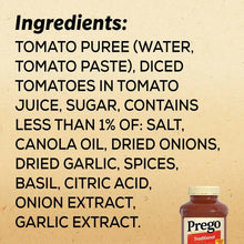 Prego traditional sauce ingredients list with tomato puree, spices, and herbs