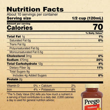 Prego traditional sauce nutrition facts panel and small jar