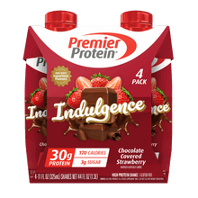 Premier Protein Indulgence 4 pack cartons, chocolate-covered strawberry, red caps