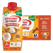 Protein shake carton with pumpkin spice flavor, red cap, 18-pack label