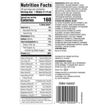 Nutrition Facts panel for protein shake in box, barcode on bottom