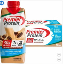 Coffee latte protein shake carton, tan and blue label with Premier Protein branding