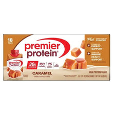 Premier protein caramel high protein shake 18-pack carton with red logo and caramel cubes