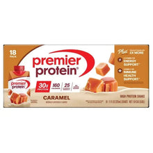 Premier protein caramel 18-pack carton with plus energy and immune health support icons