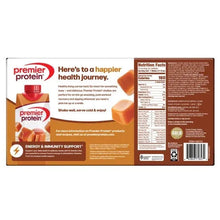 Caramel protein shake carton back with nutrition facts panel and 160 calories listing