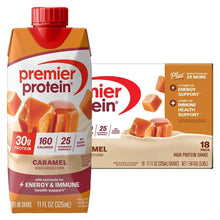 Caramel protein shake pouch with red cap, 30g protein and energy & immune support