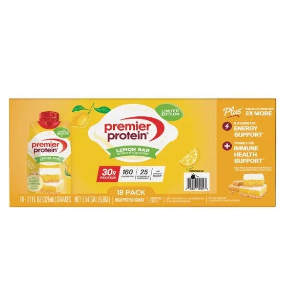 Premier 30g Protein PLUS Energy and Immune Support Shakes, Lemon Bar, 11 fl oz, 18-pack