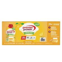 Protein shake 18-pack carton side panel with Lemon Bar branding and nutrition callouts