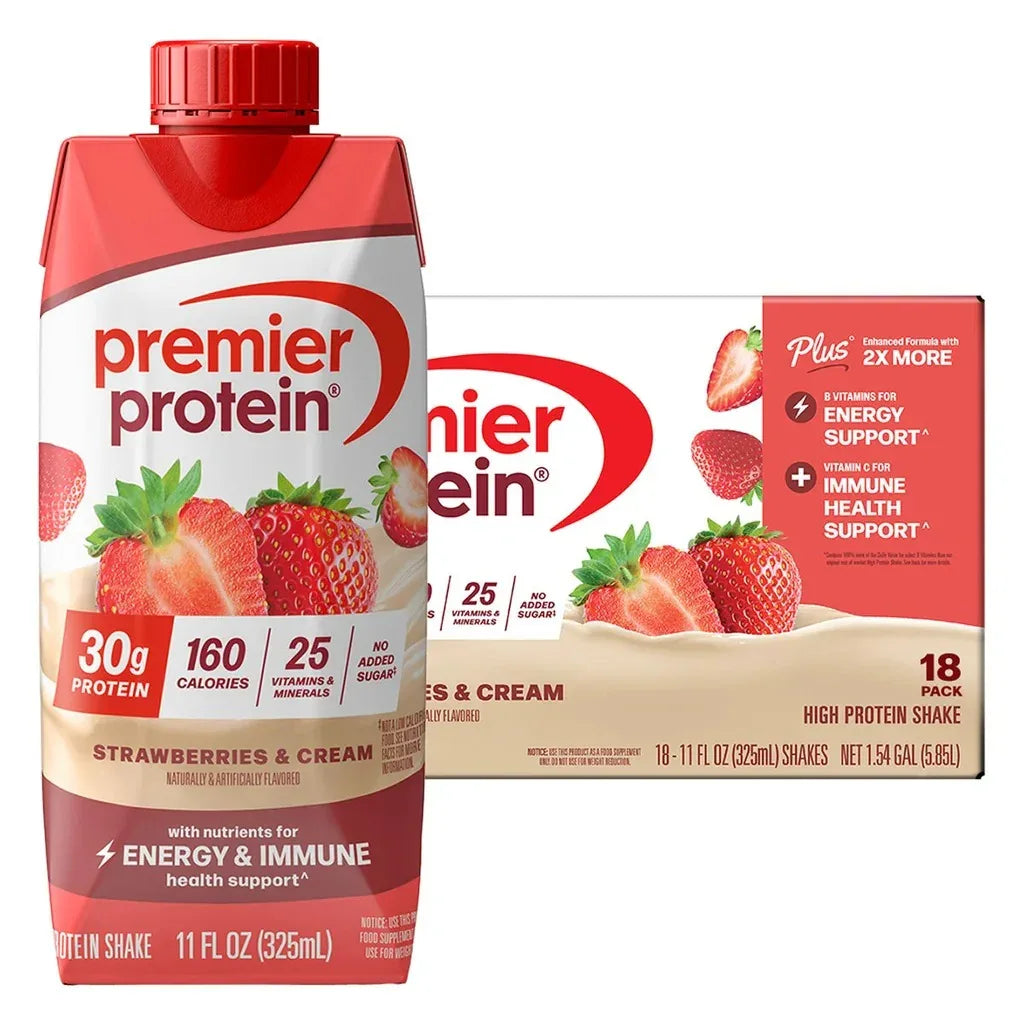 Premier 30g Protein PLUS Energy and Immune Support Shakes, Strawberries & Cream, 11 fl oz, 18-pack