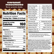 Nutrition Facts panel for caramel macchiato protein shake, 1 shake (11.5 fl oz)
