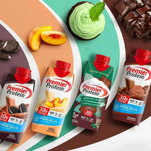 Premier Protein winter mint chocolate variety of cartons with red caps on display