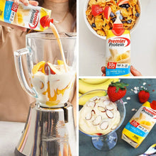 Premier Protein protein shake cartons with pour stream, blender, and bowls