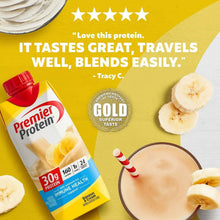 Premier Protein bananas & cream shake carton with banana slices and bowl