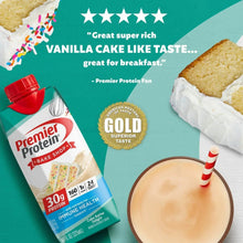 Protein shake cartons, Cake Batter Delight, teal packs with red caps and vanilla cake graphic