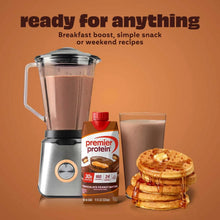 Chocolate peanut butter protein shake carton with red cap and blender-style serving
