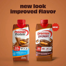 Chocolate peanut butter protein shake cartons, red caps, new look improved flavor