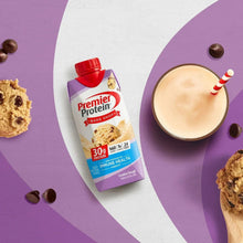 Premier Protein Cookie Dough protein shake carton with glass of creamy shake