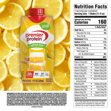 Premier Protein Lemon Bar shake carton with Nutrition Facts panel