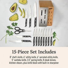 Knife set display with multiple blades, kitchen shears, and matching knife block