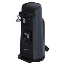 Black electric can opener with side cutting head and front control lever