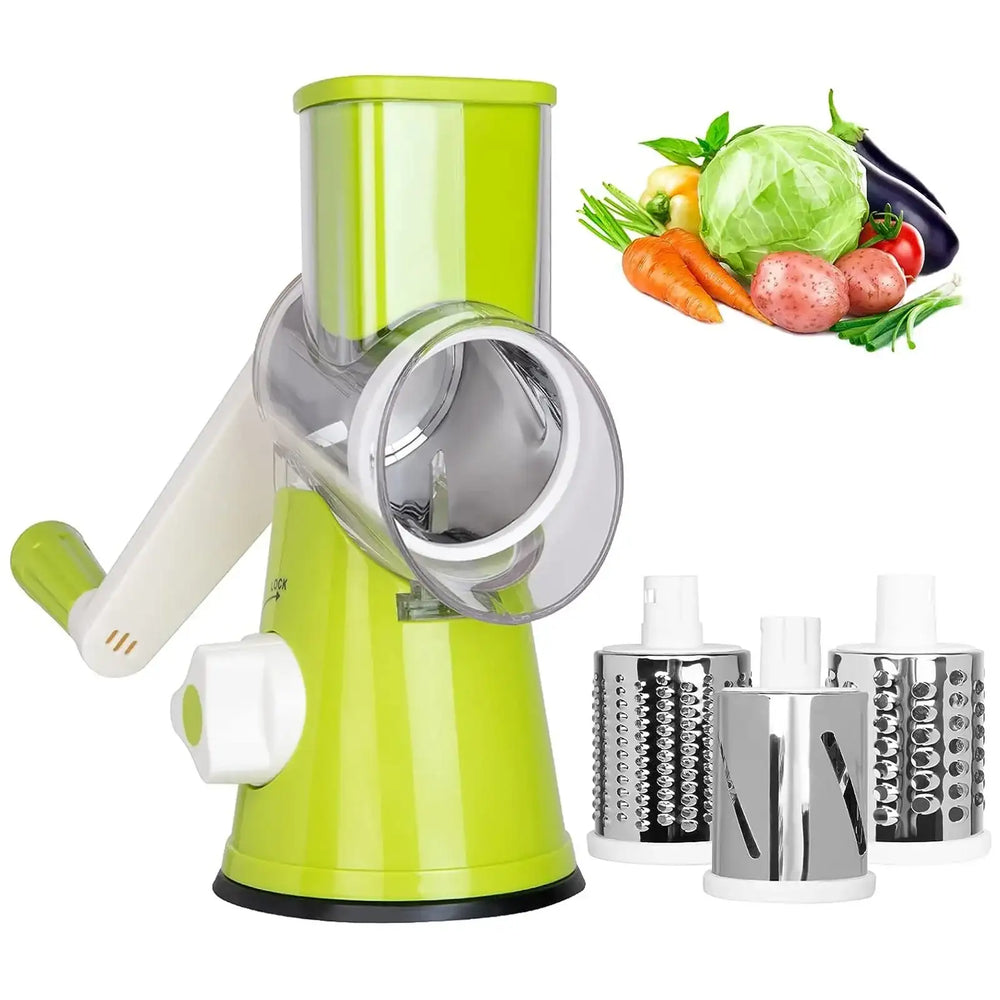 3 in 1 Cheese Grater Rotary, Cheese Shredder Grater for Kitchen Grater Slicer with 3 Replacement Blades, Potato Slicer Vegetable Chopper with Suction Base