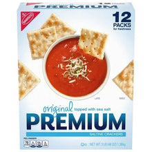 Premium saltine crackers box front showing crackers, red dip, and 12 packs
