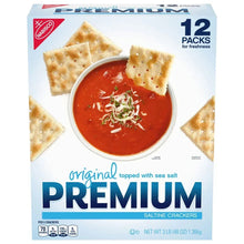 Box of saltine crackers, 12-count packs for freshness, with crackers and dip shown